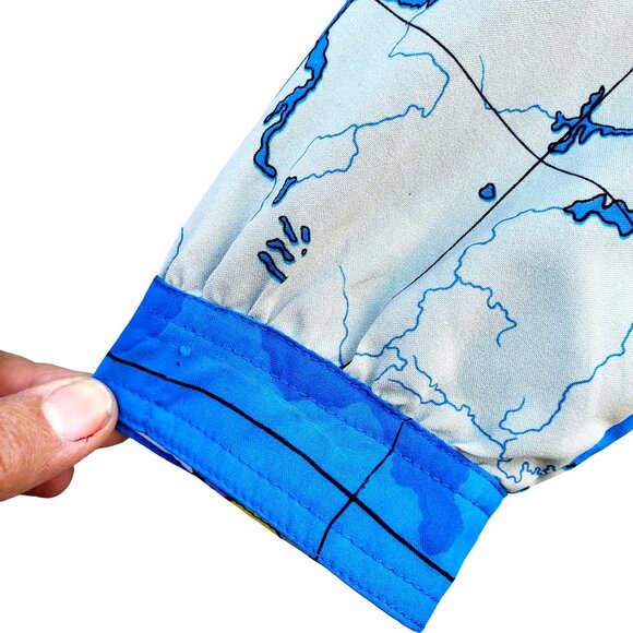 Vintage Womens Blue Shirt 80s Collared Button Front World Map Size M Polyester - Picture 12 of 12